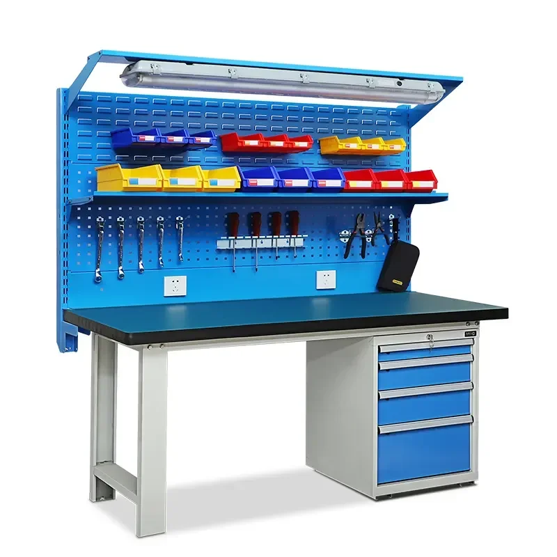 Heavy Duty Industrial Steel Workbench Mechanics Electronic Work Table With Rack For Warehouse