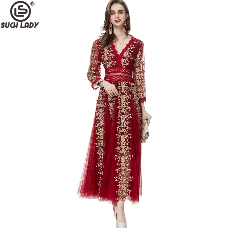 

Women's Runway Dresses Sexy V Neck Long Sleeves Embroidery Mesh Layered Elegant Fashion Casual Mid Vestidos