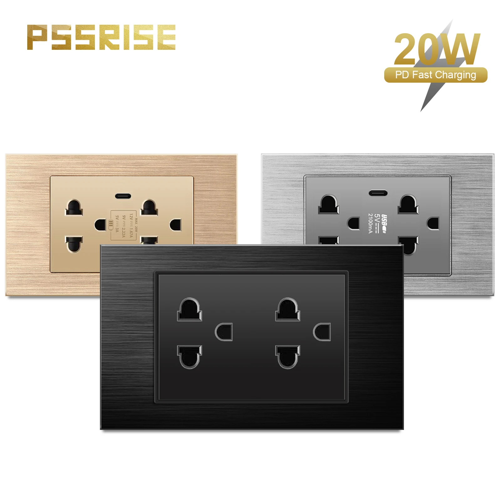 

PSSRISE Thai Standard Dual Wall Usb Plug Socket,Household Mexico US Aluminum Alloy Panel outlet Adapter 20W Type c Fast Charging