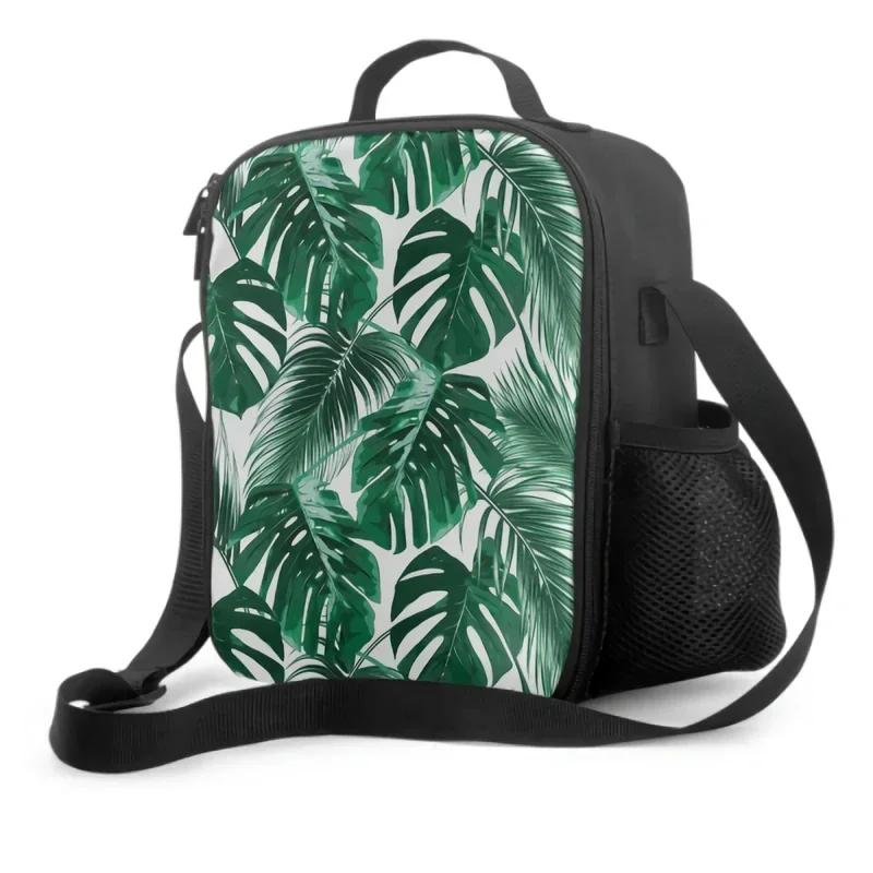 3D Summer Tropical Palm Tree Leaf Insulated Lunch Box Portable Cooler Bag with Adjustable Shoulder Strap Reusable Tote Bag