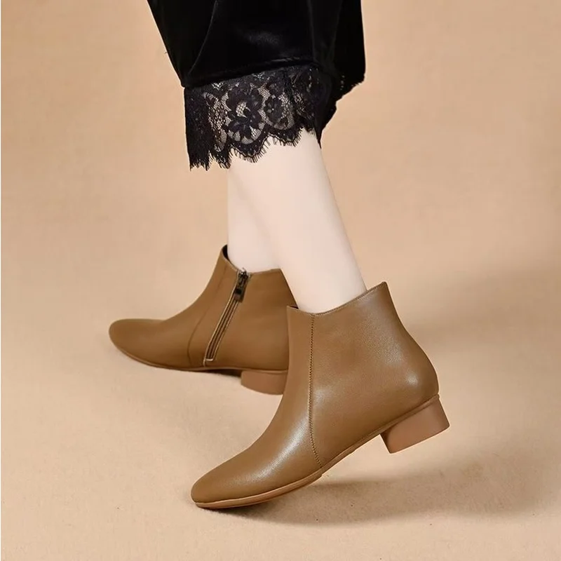 2026 New Women’s Ankle Boots Pointed Toe Low Heel Booties Side Zipper Minimalist Casual Dress Shoes Fall Winter