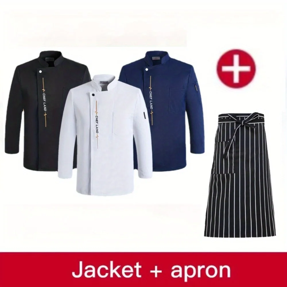 Long Sleeve Chef Jackets Kitchen Chef Restaurant Uniform Custom Logo Shirt Service Bakery Breathable Chef Dress White Apron Men