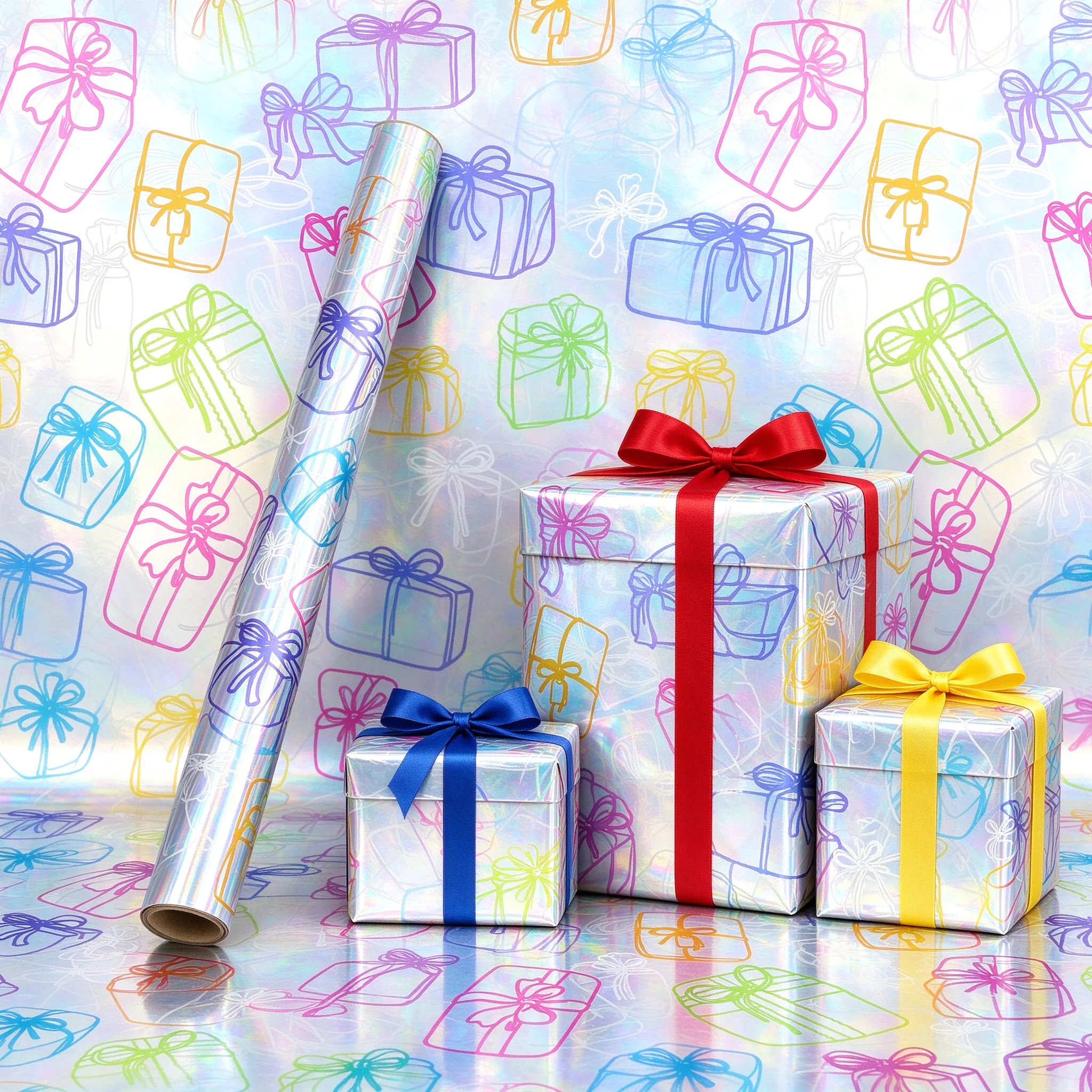 Holographic Wrapping Paper Roll 43cm×300cm Iridescent Rainbow Foil Gift Wrap with FREE 10m Ribbon for Birthday Christmas Party