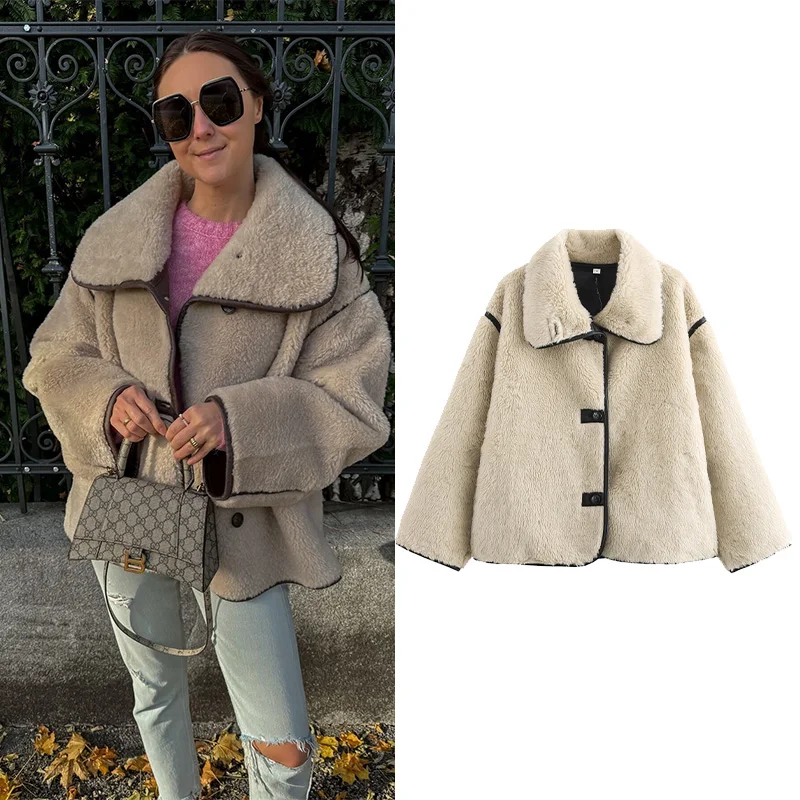 

HipSeam Women Large Lapel Collar Faux Fur Jacket Autumn Casual Women's Warm Coat Fashion Female Button Jacket Chic Tops