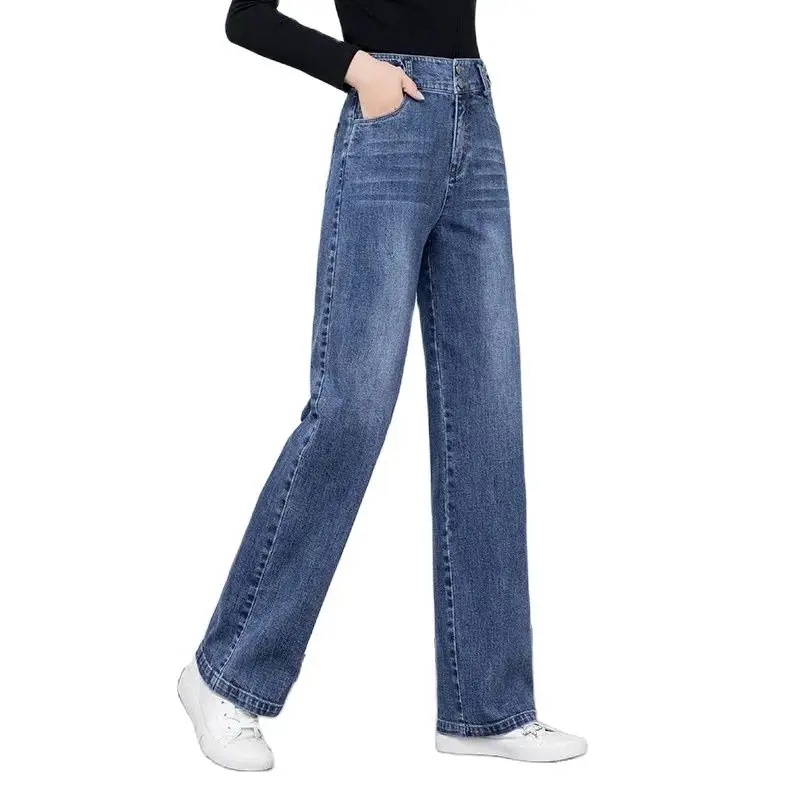 2024 New Women Straight Leg Denim Jeans For Spring Autumn High Waist Washed Casual Scratch Bleached Jeans Dark Blue Oversize