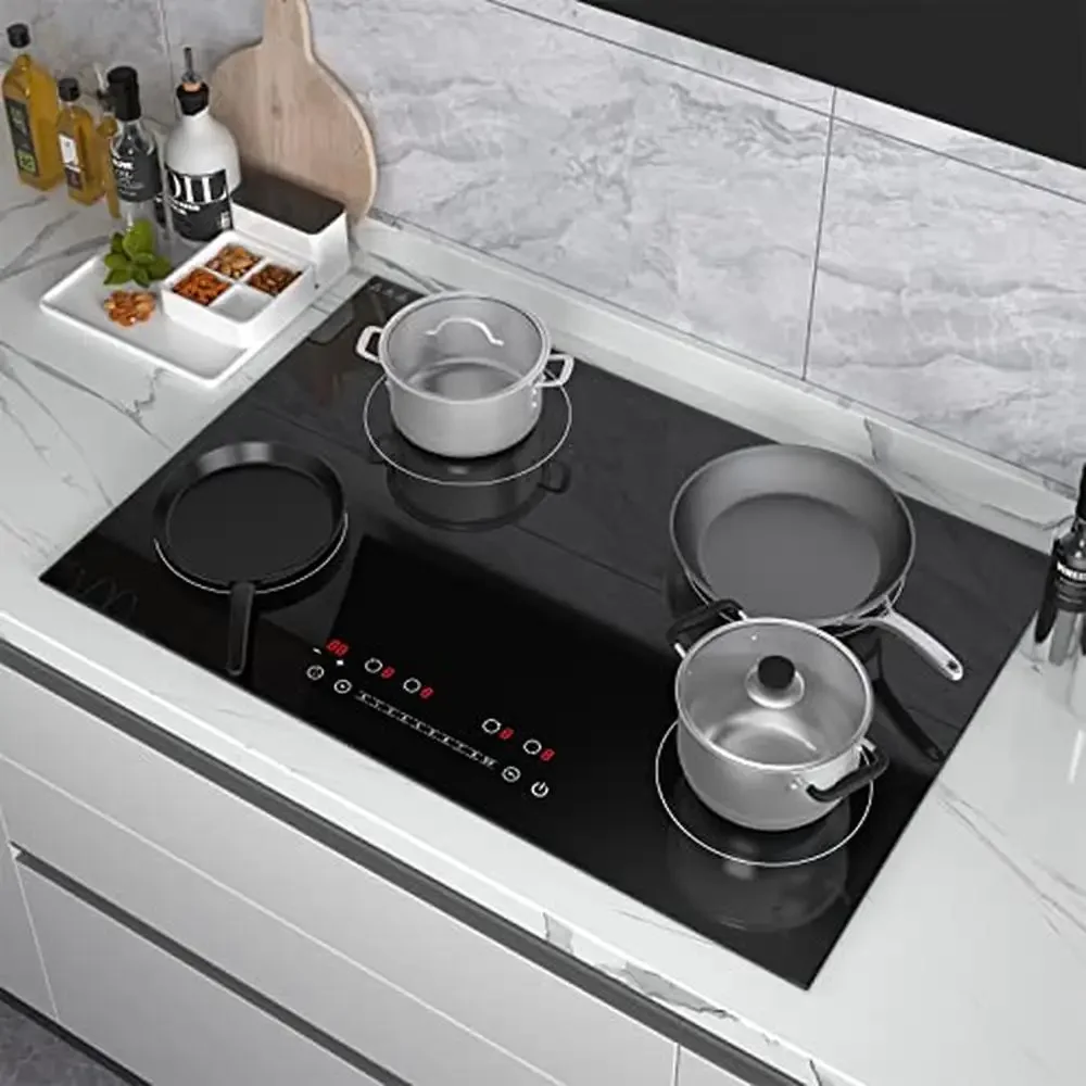 30 Inch Induction Cooktop 6400W Electric Stove Top 4 Burners Touch Screen 9 Heating Levels Kid Safe 220v Black Glass Top Slim