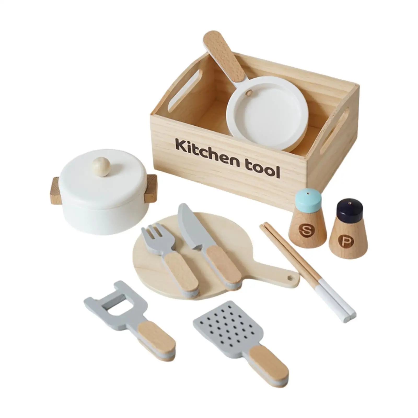 Wooden Cooking Play Set with Frying Pan and Cutting Board for Children