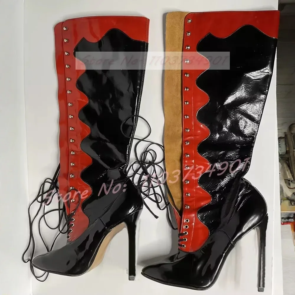 

Black & Red Splicing Mid Calf Boots Women Sexy Lace Up Rivets Pointed Toe Stiletto High Heels Boots Female Trendy Street Style
