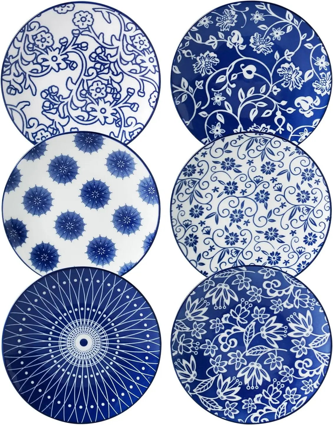 

6-Inch Ceramic Dessert Plates Set, Vintage Blue Design, Microwave & Dishwasher Safe for Snacks, Salad, Sushi