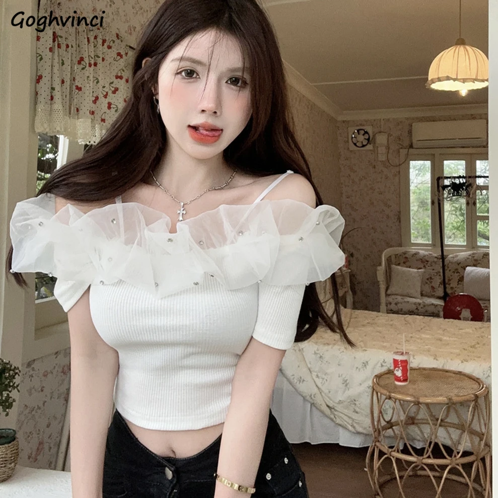 Short Sleeve T-shirts Women Slash Neck Mesh Diamonds Slim Crop Tops French Style Elegant Instagram Summer Hot Sweet Stylish Sexy