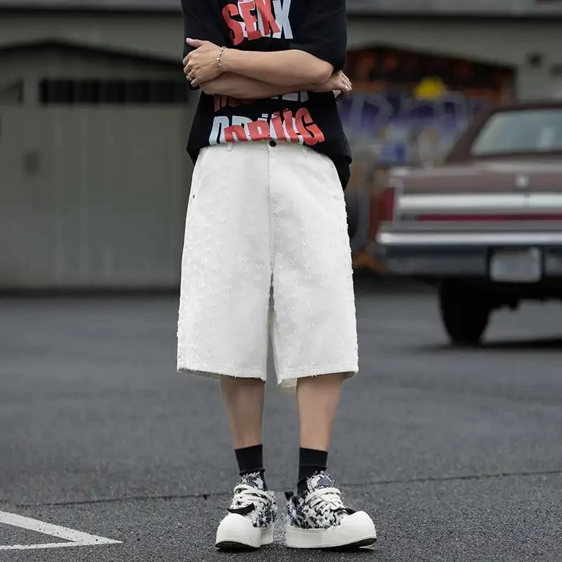 

Men's Denim Shorts with Holes, White Textured Ripped Design, Loose Casual Streetwear, Summer Fashion, Y2K & High Street Style, C