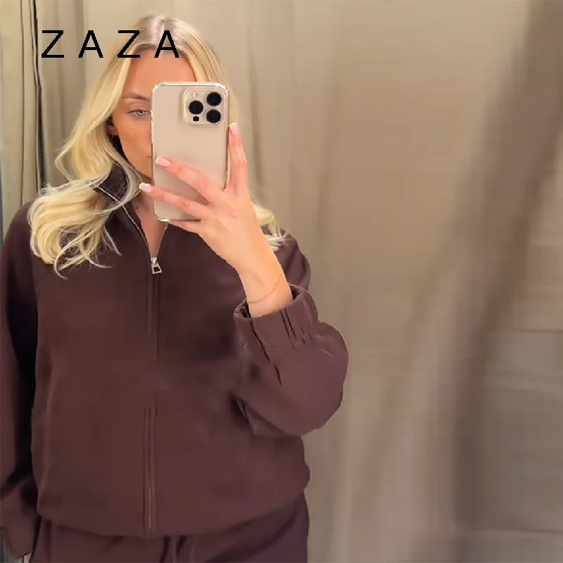 여성용 가을 겨울 자켓 팬츠 긴 소매 하이넥 지퍼 솔리드 자켓 신축성 있는 허리밴드 팬츠 2025 신상 여성 캐주얼 의상