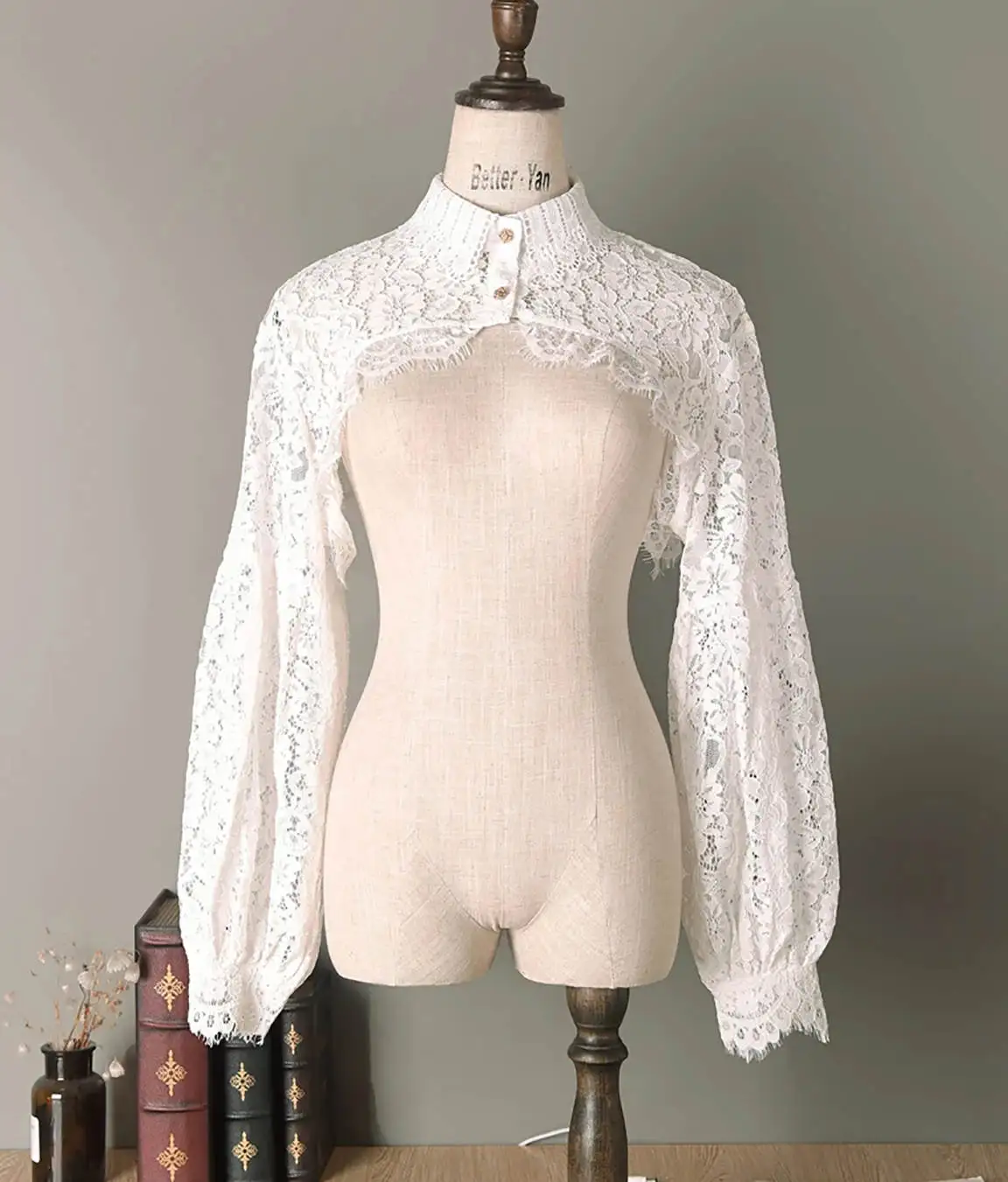 Veste ronde vintage à manches longues, vestes de mariée en dentelle, col haut, patients Everak, haute qualité, accessoires de mariage personnalisés