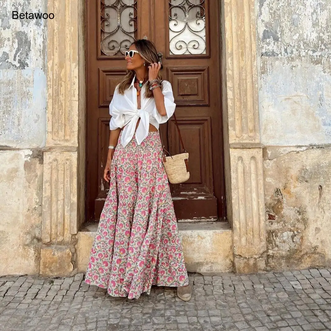 Womens Boho Floral Print High Waisted Maxi Skirt Pink Flowy Long Skirt for Beach Vacation
