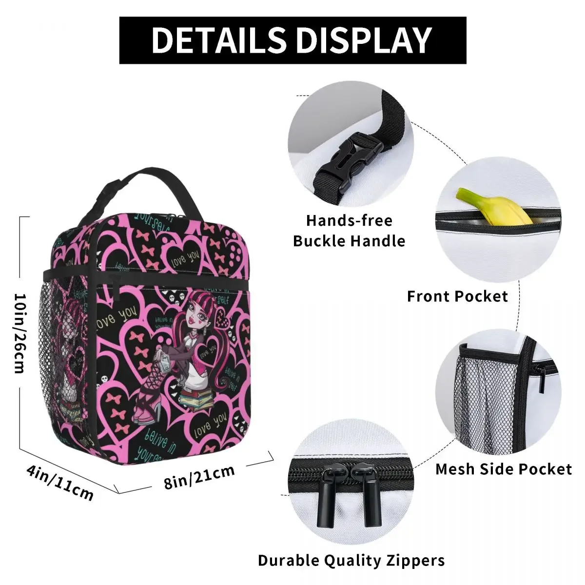 Draculaura Heart Insulated Lunch Bag  Monster High Cartoon Reusable Thermal Bag Lunch Box Tote School Outdoor Men Women