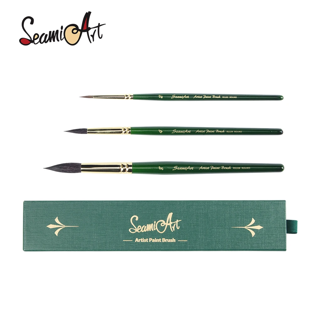 SeamiArt 3pc Sable Squirrel Watercolor Brush Painting Brushes Gift Set Round Pointed for Animal Hair Lover Art Paint Supply