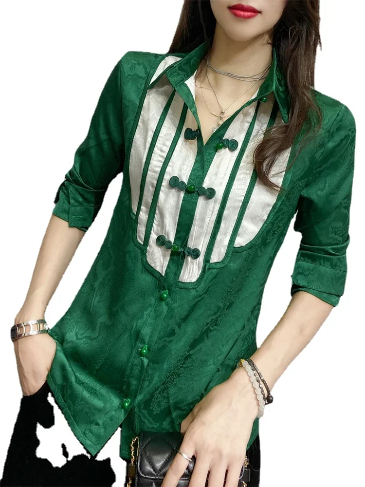 

Spring Women's Slim-Fit Button-Up Satin Printed Shirt Woman Fashionable Green Satin Tops