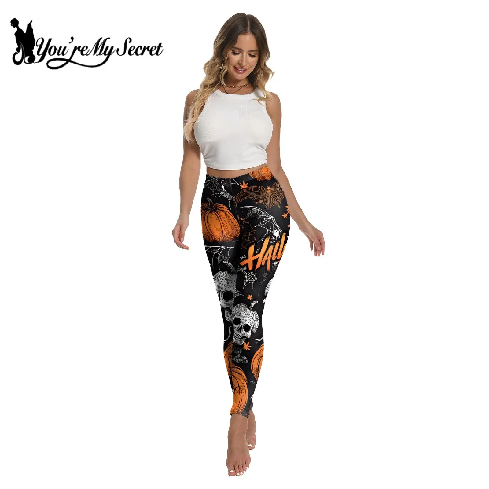 

[You're My Secret] Creativity Halloween Skull Leggings Pants Sexy Pumpkin Ghost Print Fitness Ankle Stretch Partywear Trousers