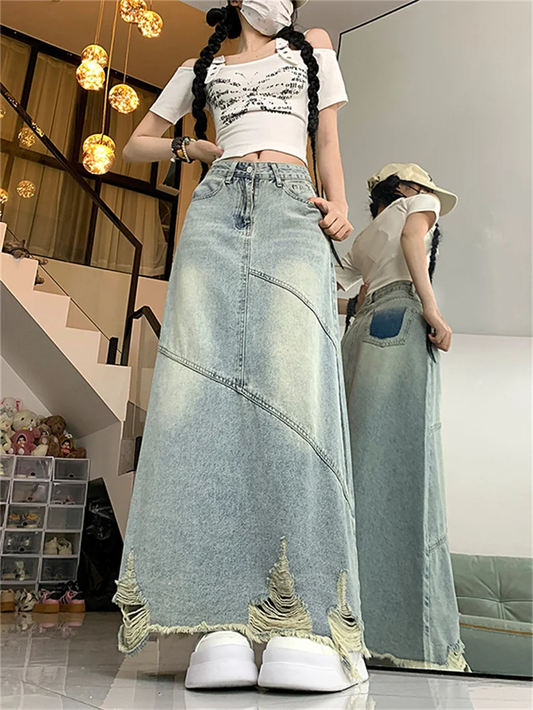 plus Size Denim  Skirt Women's High Waist A-Line Skirts with kets Button Detail Zipper Closure Faded Effect Long Skirts