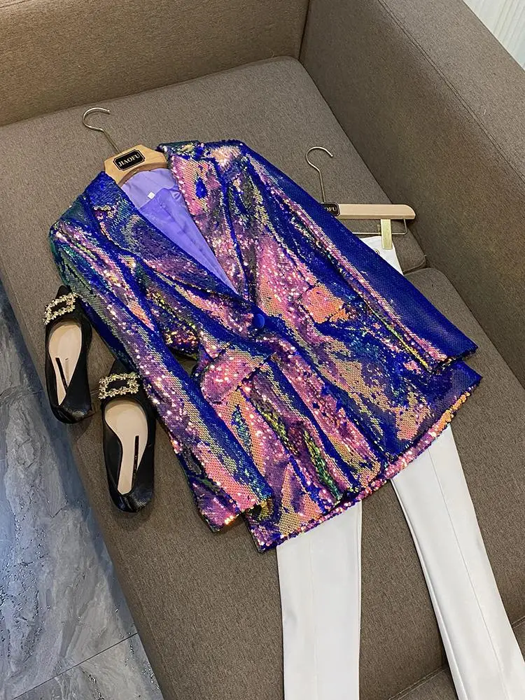 

Стильная женская блузка-жакет с пайетками, на одной пуговице, с отложным воротником, в деловом стиле, с длинными рукавами, миди-длина, китайское производство