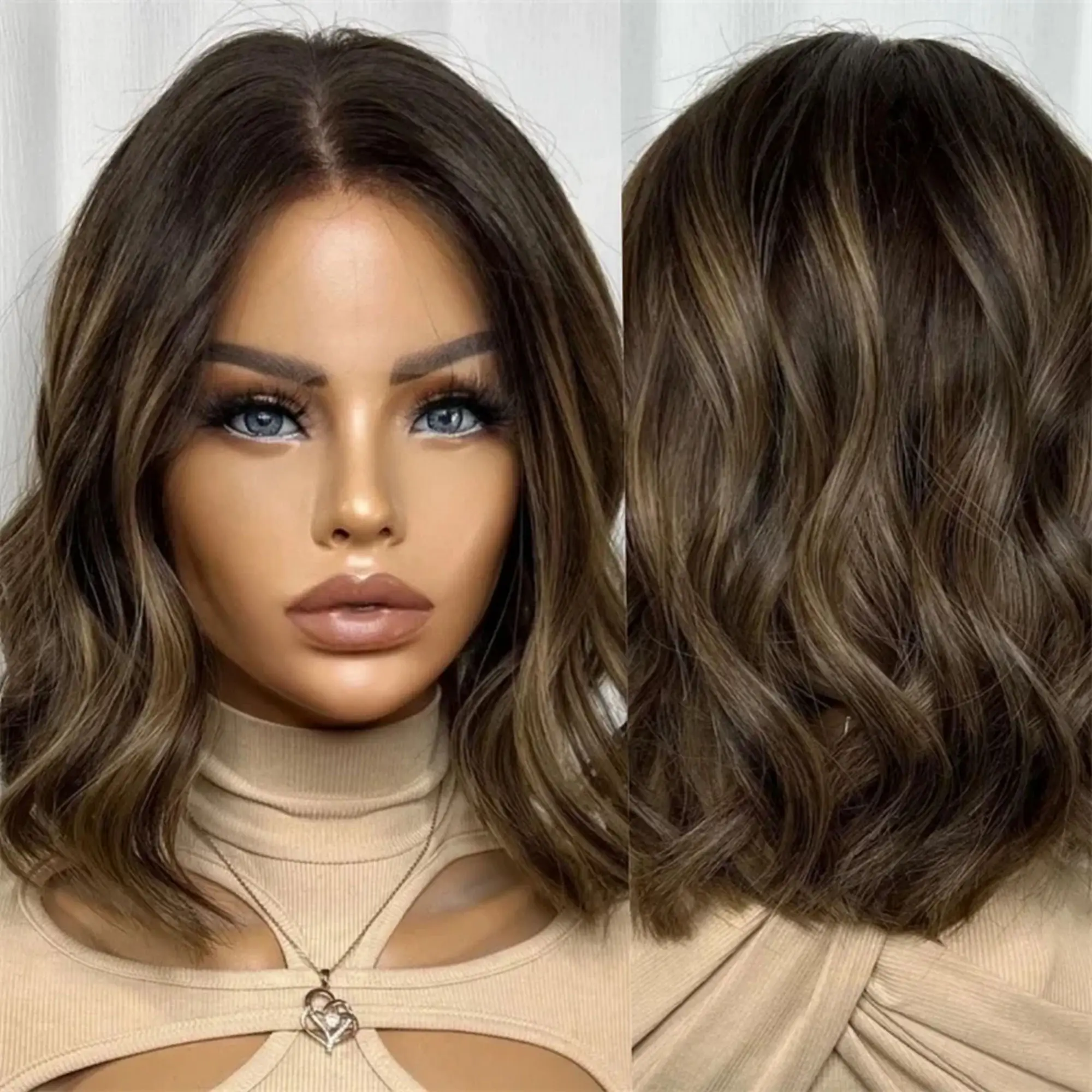 

12" Body Wave Bob Chestnut Brown Good Quality Synthetic HD Lace Front Wigs Heat Resistant Women Gift Wig Daily Party Cosplay Use