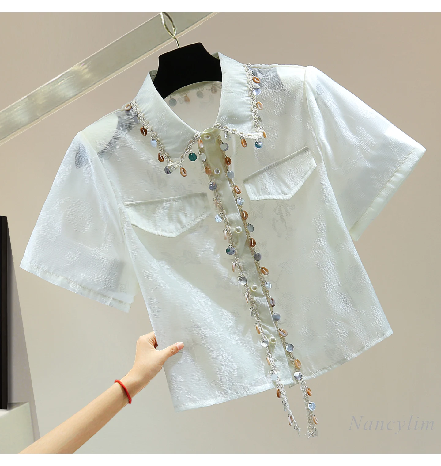 

Shell Decorative Fringed Printed Short-sleeved Chiffon Shirt, Summer Women's High-waisted Top, Short Embroidered Sequined Blouse