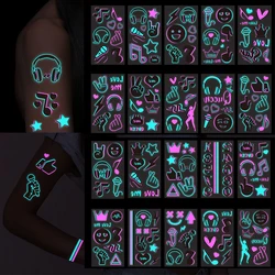 Temporária impermeável Luminous Music Festival Tatuagem, Glowing Dance Party Adesivo, Nota e Headset Art Skin Stickers