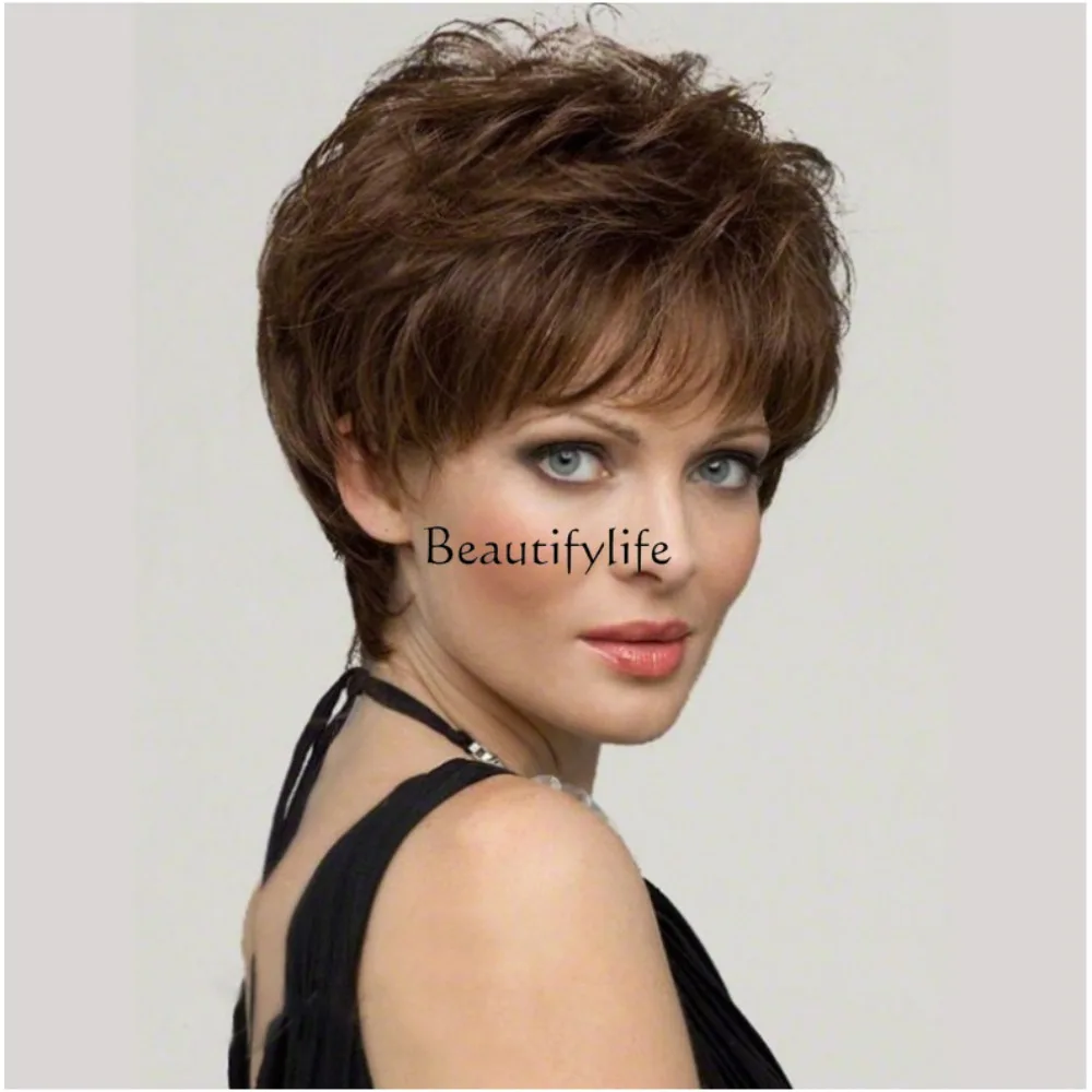 

European and American fashion women's short curly hair brown slightly curled whole fluffy headgear