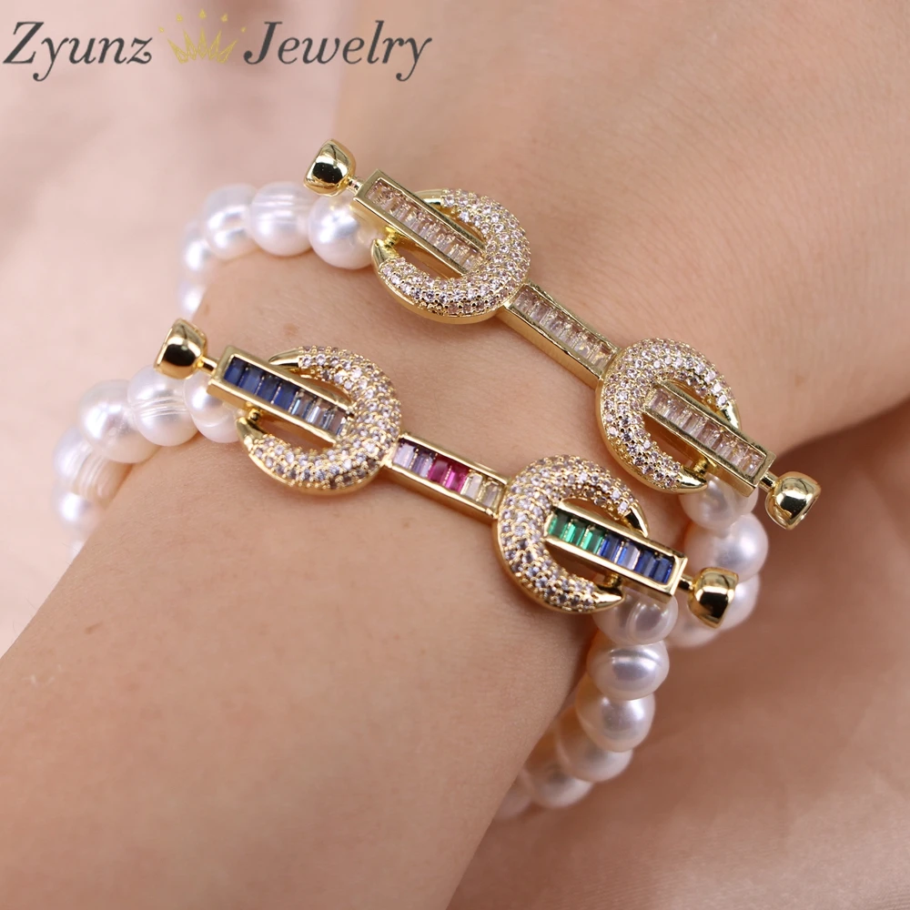 5PCS, Trendy Natural Pearl Pulseras Mujer BOHO Rainbow Zircon Connector Bracelet For Women Girls Dainty Jewelry