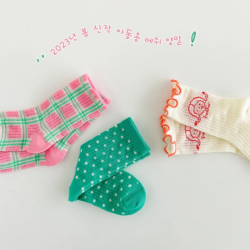 Spring Summer Socks Baby Girls Thin Socks  3 Pairs Fancy Lace Polka Dots Lace Socks Mid Calf  Cotton Socks Kids Socks