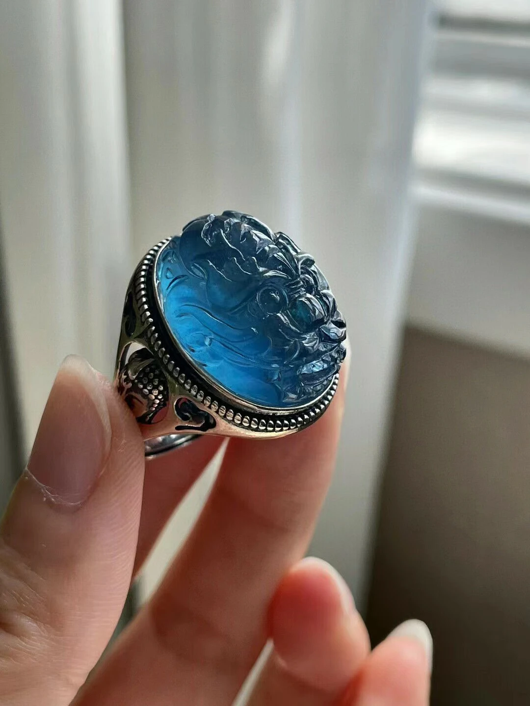 Natural Blue Aquamarine Crystal Dragon Adjustable Ring 26.4*21.5*13mm Silver Aquamarine Ring Fashion AAAAAA