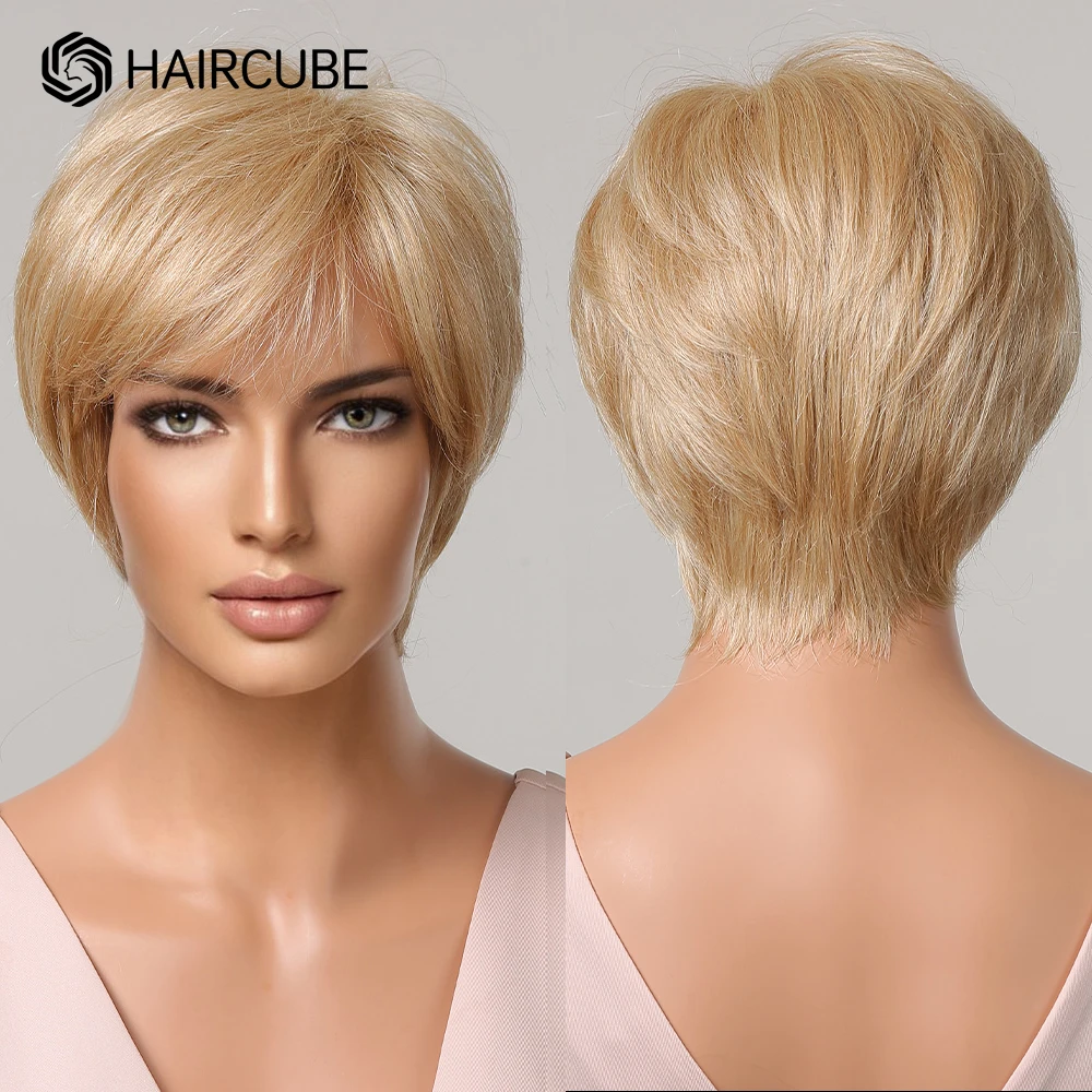 Blonde Korte Pixie Pruiken Voor Vrouwen Met Pony Gelaagde Synthetische Blend Menselijk Haar Pruiken Hittebestendige Natuurlijke Zonlicht Gouden Haar