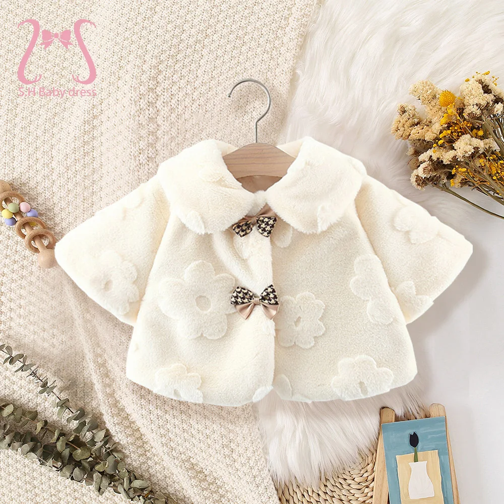 Children Winter Cute Coat Sweet Flowers Kids\' Wear Toddler Adorable Bow Baby Girl Plush Clothes 0-3 Y Infants Soft Warm Clothing