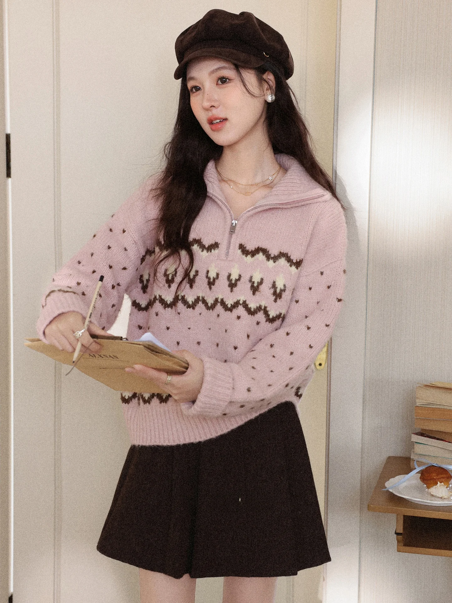 

Розовый свитер Ele Pink Fce для женщин, осенне-зимняя новинка, маленький размер, с отложным воротником, вязаный топ, модная повседневная одежда