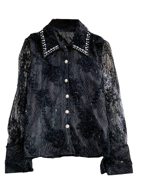 

Ele Heavy Embellied Diamond Lace Collared irt Women's Rare Beautiful Fairylike Gentle Pink Lace Top Court Sle