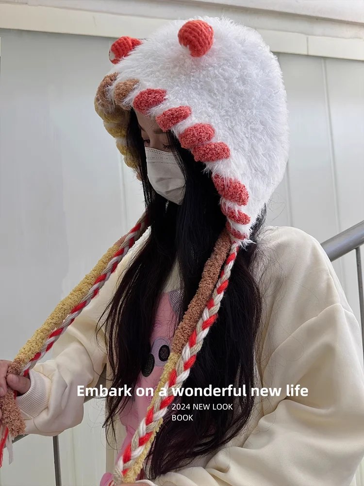 หมวกไหมพรมปี 2025 ลายสัตว์ตลกขนปุยสำหรับผู้หญิง ฤดูใบไม้ร่วง ฤดูหนาว หมวกบีนนี่ถักพร้อมสายถัก ป้องกันหู อุ่น ถักมือ