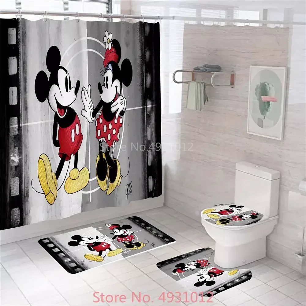 Disney Red Mickey Minnie Mouse Love Bath Shower Curtain Set 4pcs with Hooks Cartoon Decor Waterproof Bathroom Toilet Mat Lid