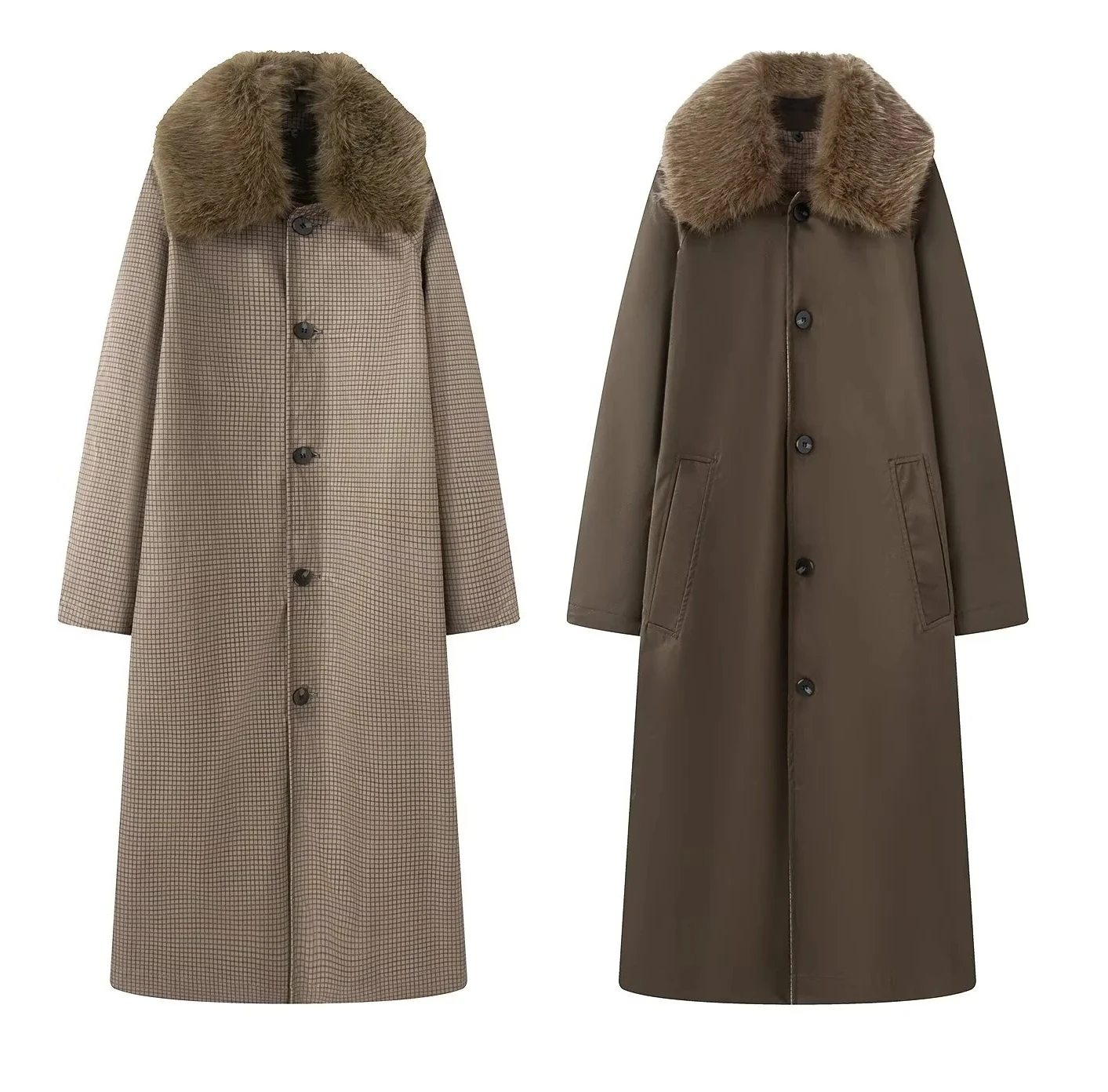 

Fall New Women's Fashion Double-Sided Fur Effect Coat with Front Buckle Long Sleeve Casual Checkered Style