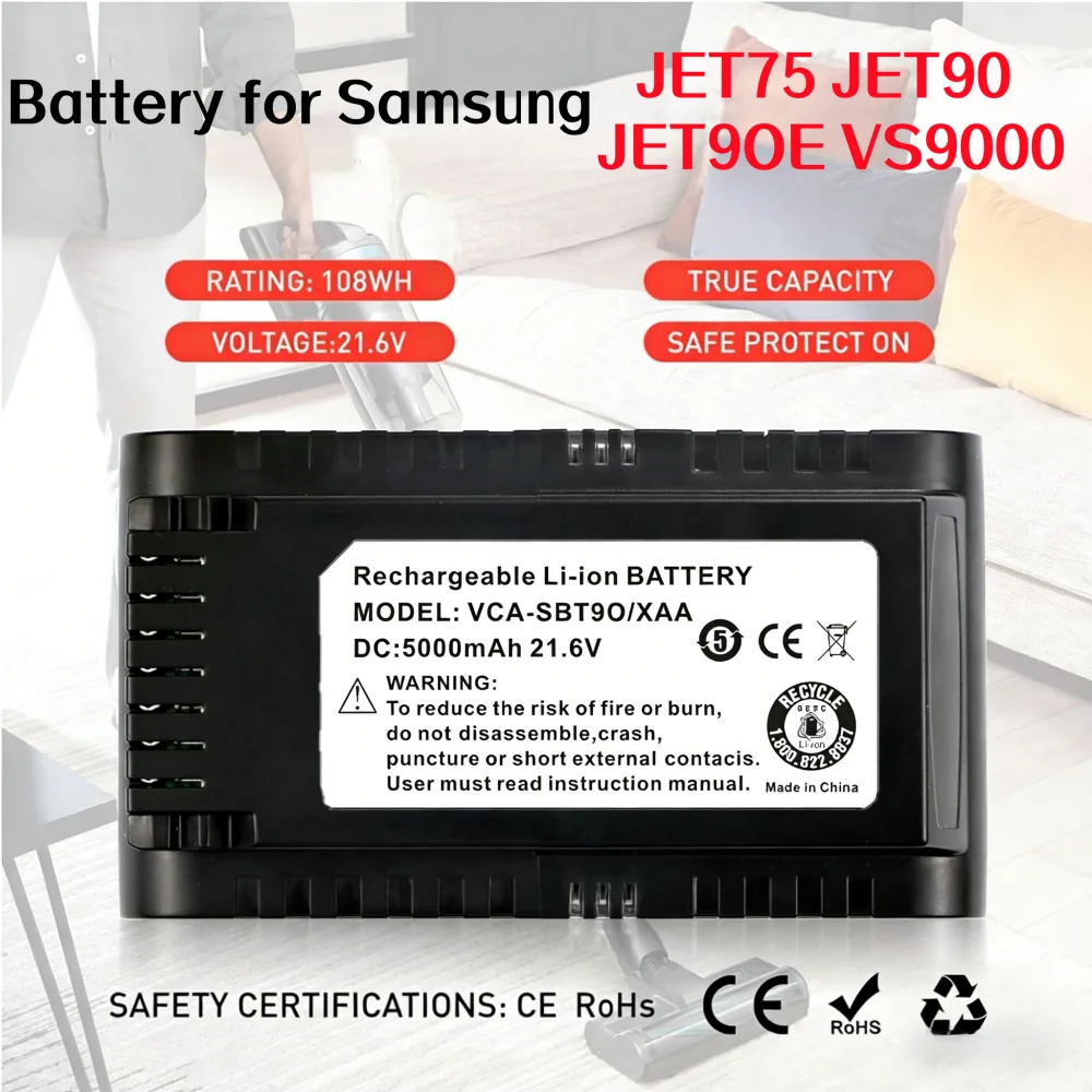 

21.6V 5000mAh VCA-SBT90 Replacement Battery for Samsung Jet 90/75 Vacuum Cleaner VS15T7031R1/EN VS15T7032P4.