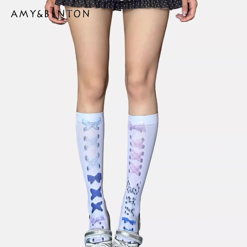 

Japanese Style Cute Bow Tie Y2K Printed Women's Mid-Calf Socks Autumn New Sweet Versatile Age-Reducing Short Stockings Ladies