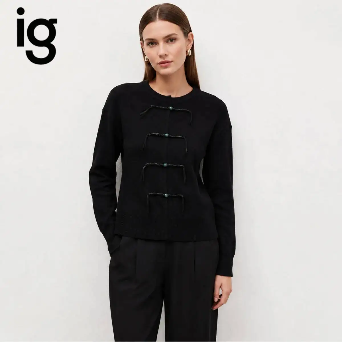 IG Women Black Chinese Style Knit Cardigan Round Neck Jade Frog Button Long Sleeve Ribbed Hem Loose Short Knitted Sweater
