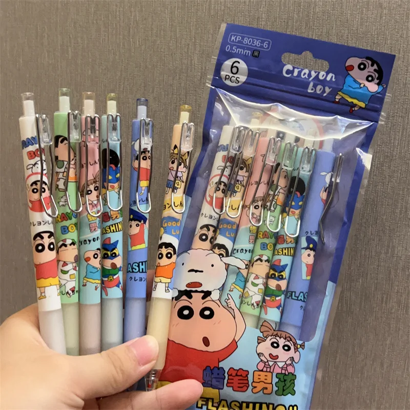 6Pcs Kawaii Crayon Shin-Chans Metal Hook Carbon Pen 0.5Mm Black St Pen Head Pressing Neutral Pen Signature Pen Ins Gift For Girl