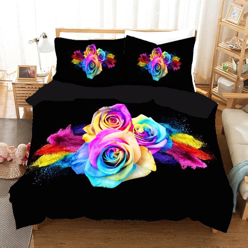 

3D Rainbow Rose Black Duvet Cover with Pillow Cover Bedding Set Quilt Cover Bedding Comforter Cover Bedroom Decor