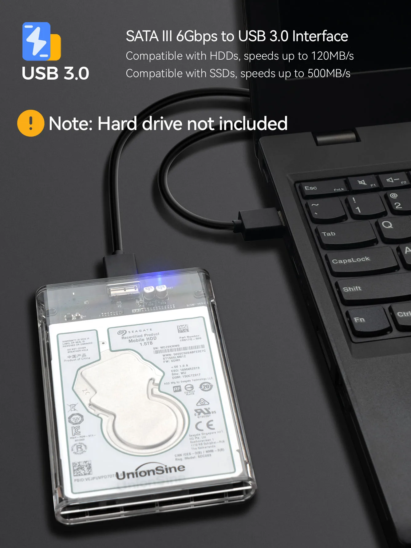 UnionSine 2.5inch SATA III to USB 3.0 HDD/SSD Enclosure - Transparent External Case with Crystal Shell for Old Drive Repair