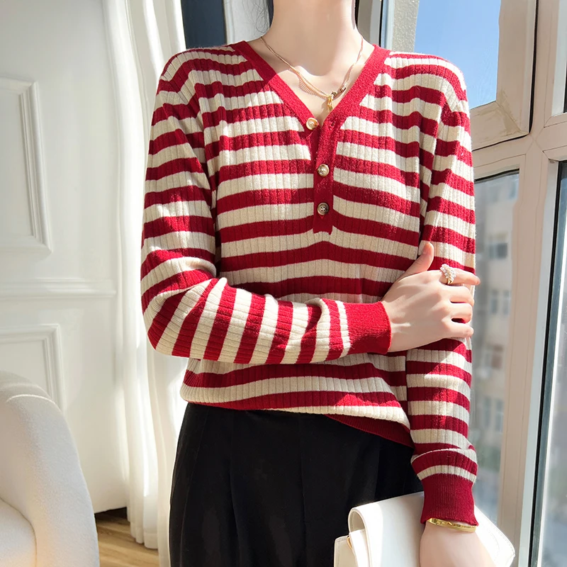 Covering Meat Slim Fit Top Button V-neck Contrast Stripe Japanese Blouse Spring/Summer New Pullover