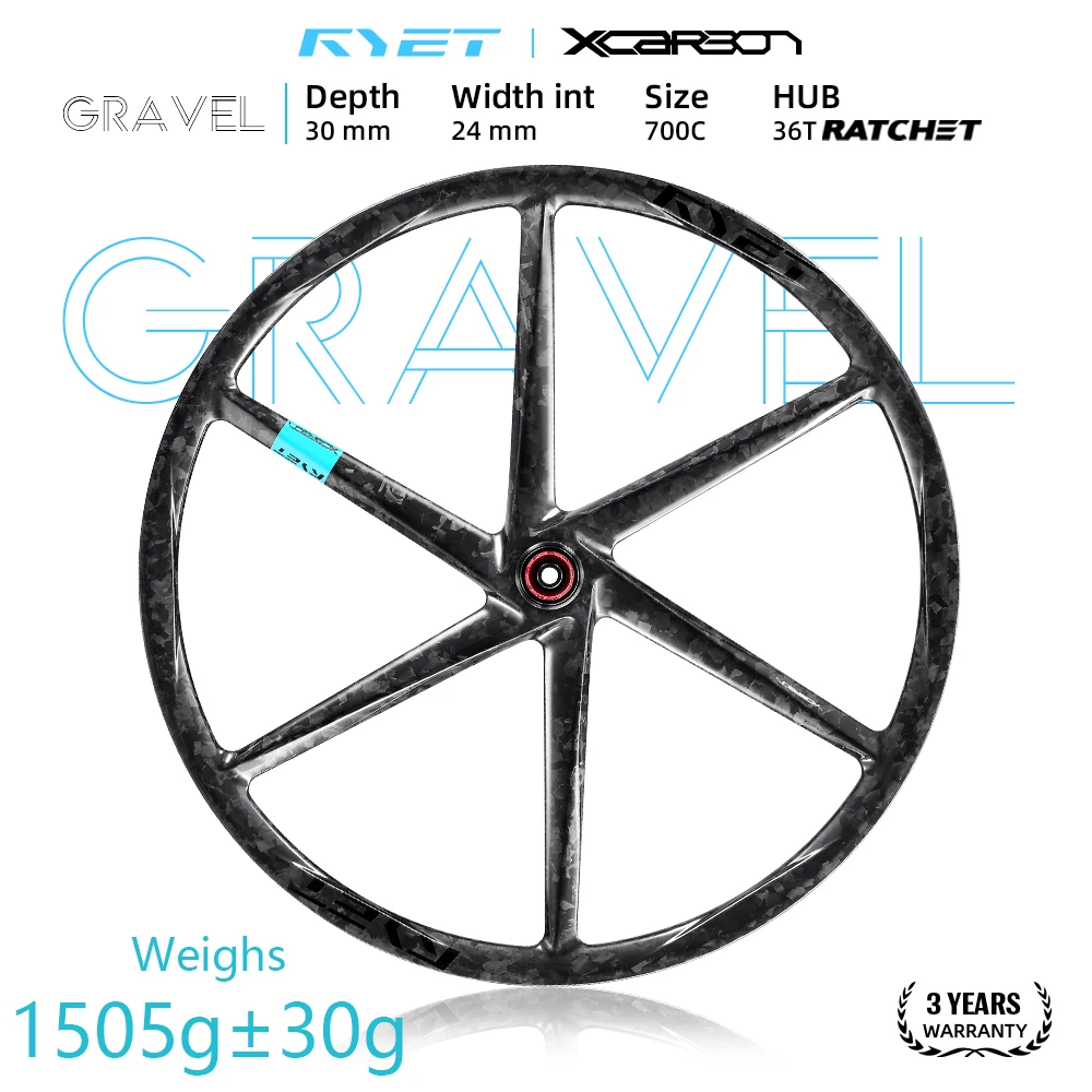 RYET 6-spoke Carbon Gravel Bike Wheelset Carbon Aero Tubeless Ready Disc Brake 36T Ceramic Ratchet Hub for Road/Gravel Bicycle