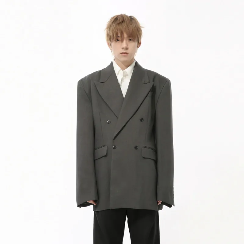 

Men's Blazers Double Breasted Design Solid Color Shoulder Padded Loose Male Suit Jackets Simple Menswear 2025 Spring