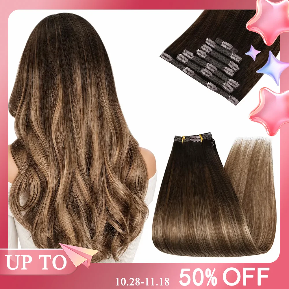 Ugeat Clip In Human Hair Extensions 7Pcs Remy Hair Highlight Blonde Balayage Silky Natural Straight Hair Extensions for Women