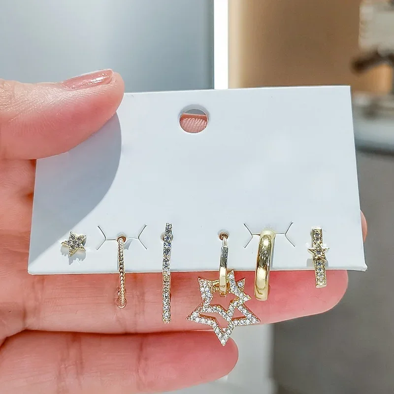 6 Pieces/set 925 Sterling Silver Star Hoop Earrings Set Luxury Shiny Micro Zircon Geometric Earrings