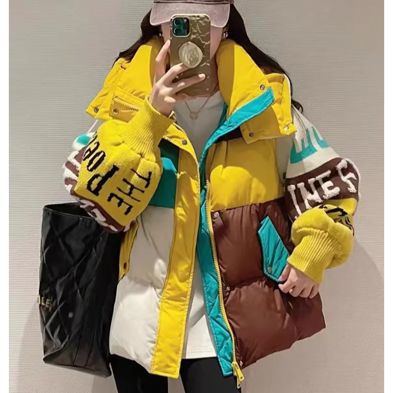 Hooded Down Jacket with Zipper Long-Sleeved Letter Flower Padded Fashionable Loose, Knitted, New Trend, Fall and Winter, 2024